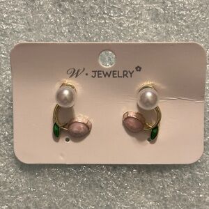 Pearl and Pink Stone Earrings with Green Accents